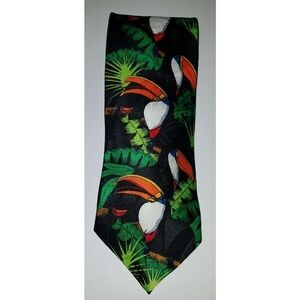 Toucans Birds Surrey Neck Tie 57" Polyester Black Green Orange Tropical Vacation